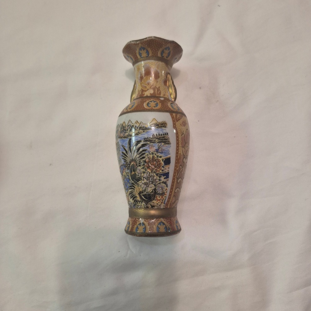 Vintage Chinese Porcelain Vase Hand Painted Landscape Gold Gilded 7 Inch Decor